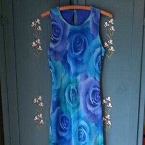 Bold Blue Rose Pattern Maxi Dress Sleeveless Fully Lined Vintage Size 6